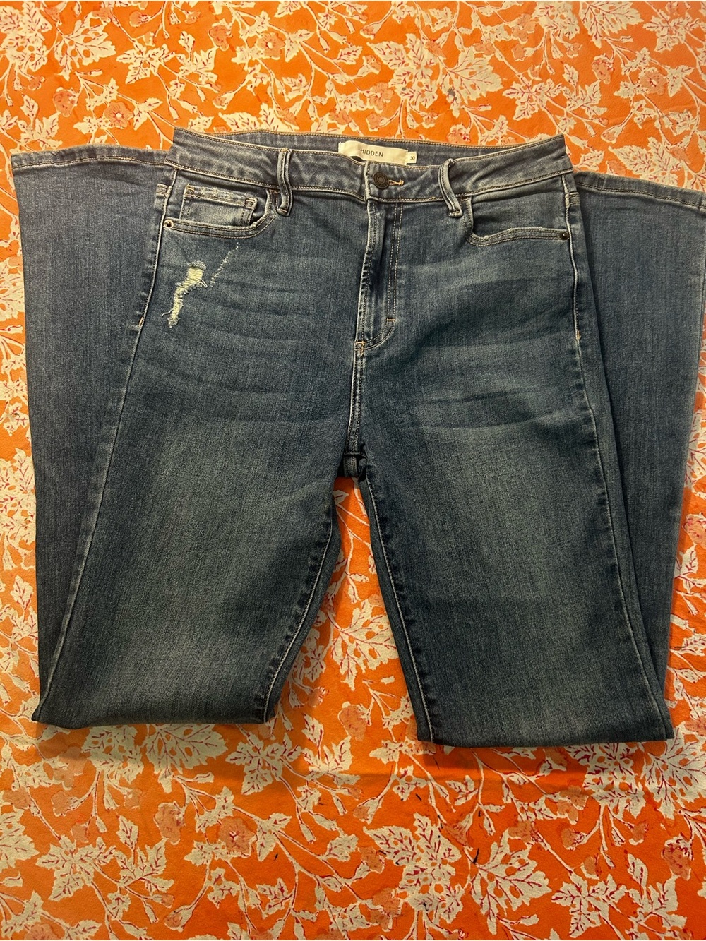 Mid-Rise Hidden Dark Blue Flare Jeans with Subtle Distress